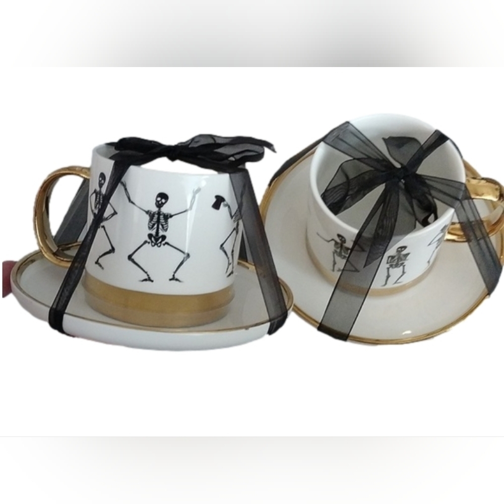Elegance White+ Gold + Black Whimsical Skeletons Posing Coffee Tea Cups + Sauce…